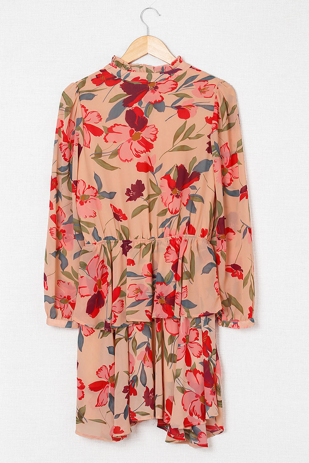Red Frilled Collar Long Sleeve Floral Dress with Ruffle-yoyobikini