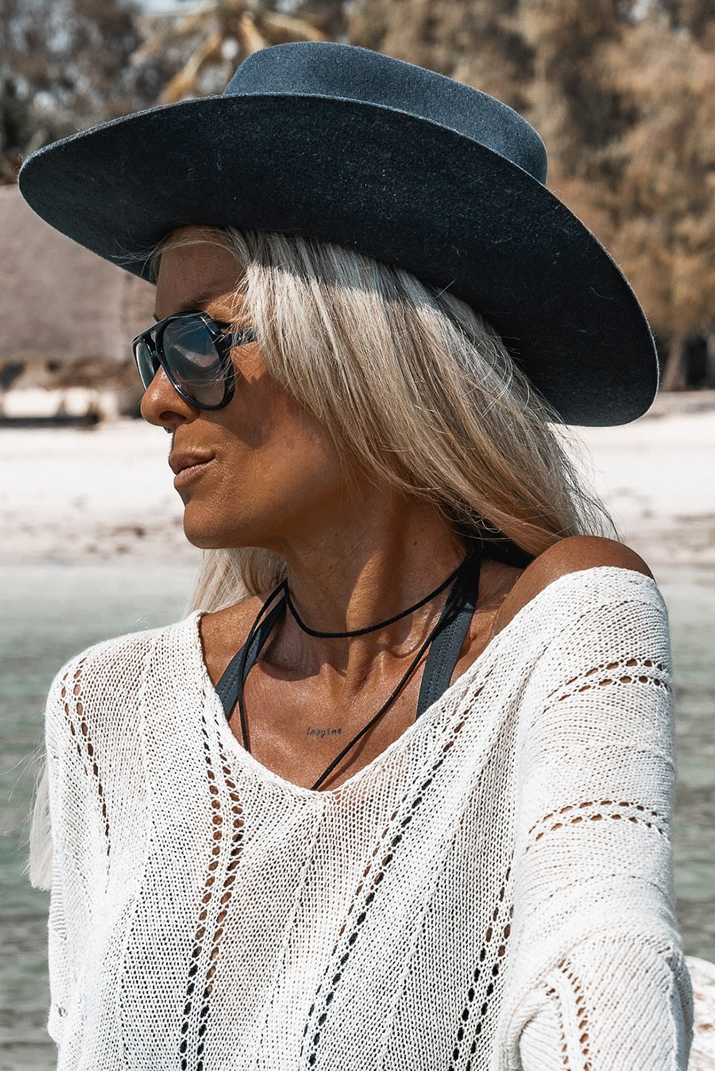 White Hollowed Detail Knitted Loose V Neck Sweater-yoyobikini