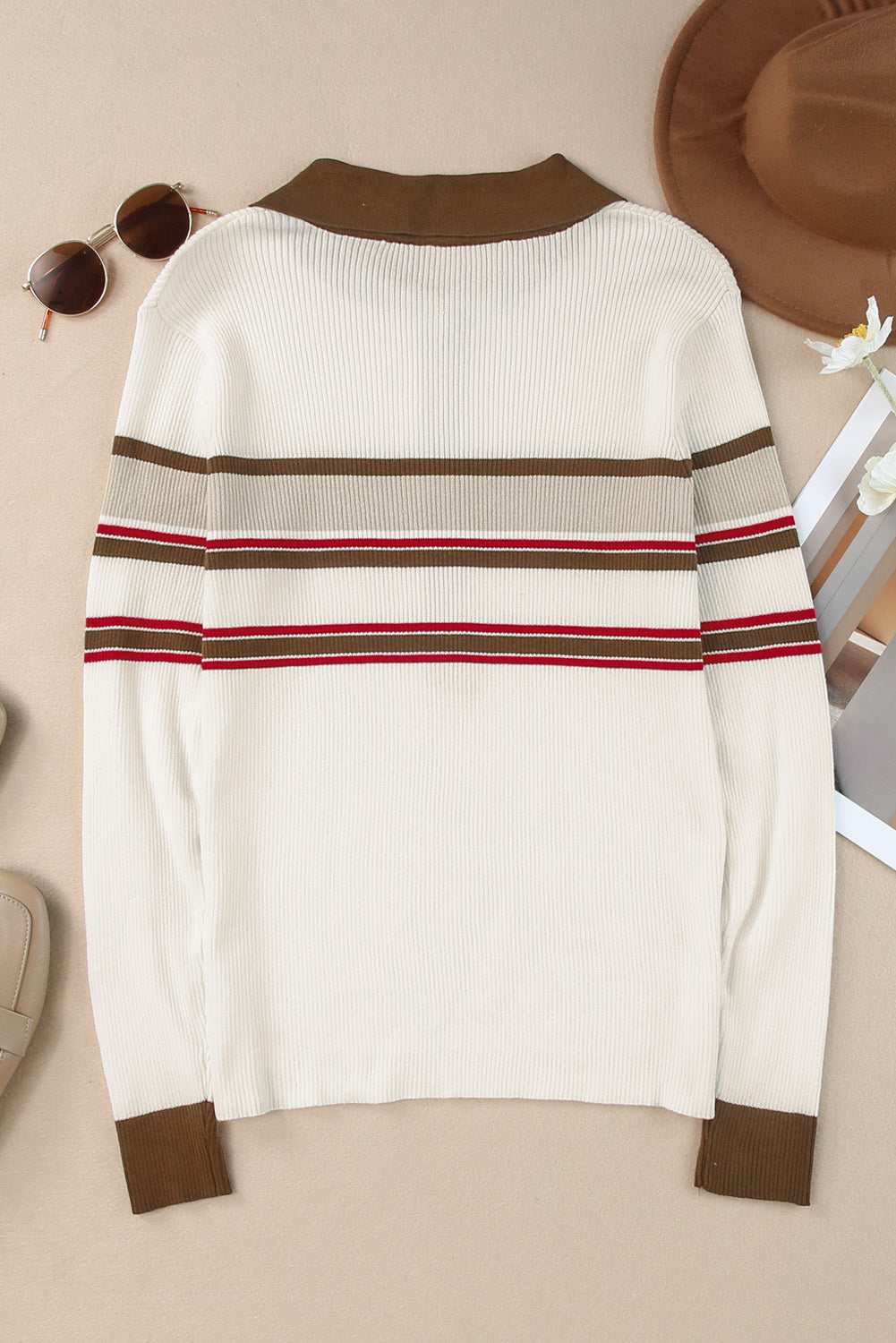 White Rib Knitted Stripe Detail Henley Sweater-yoyobikini