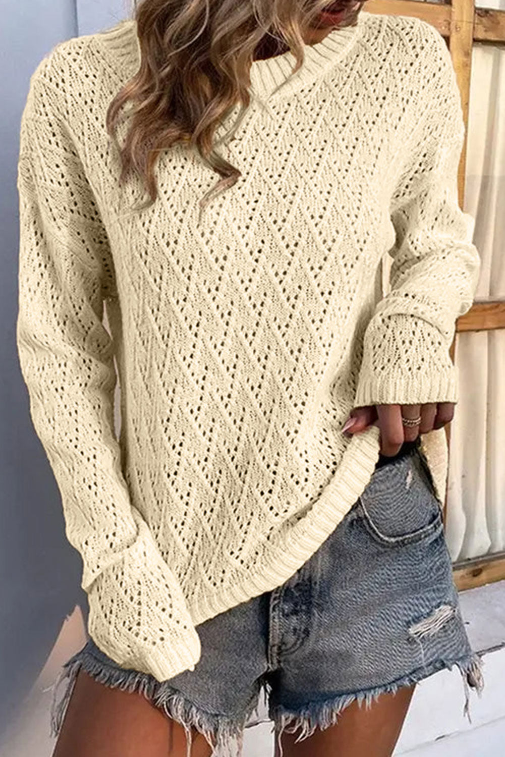 Beige Eyelet Knit Ribbed Trim Sweater – yoyobikini