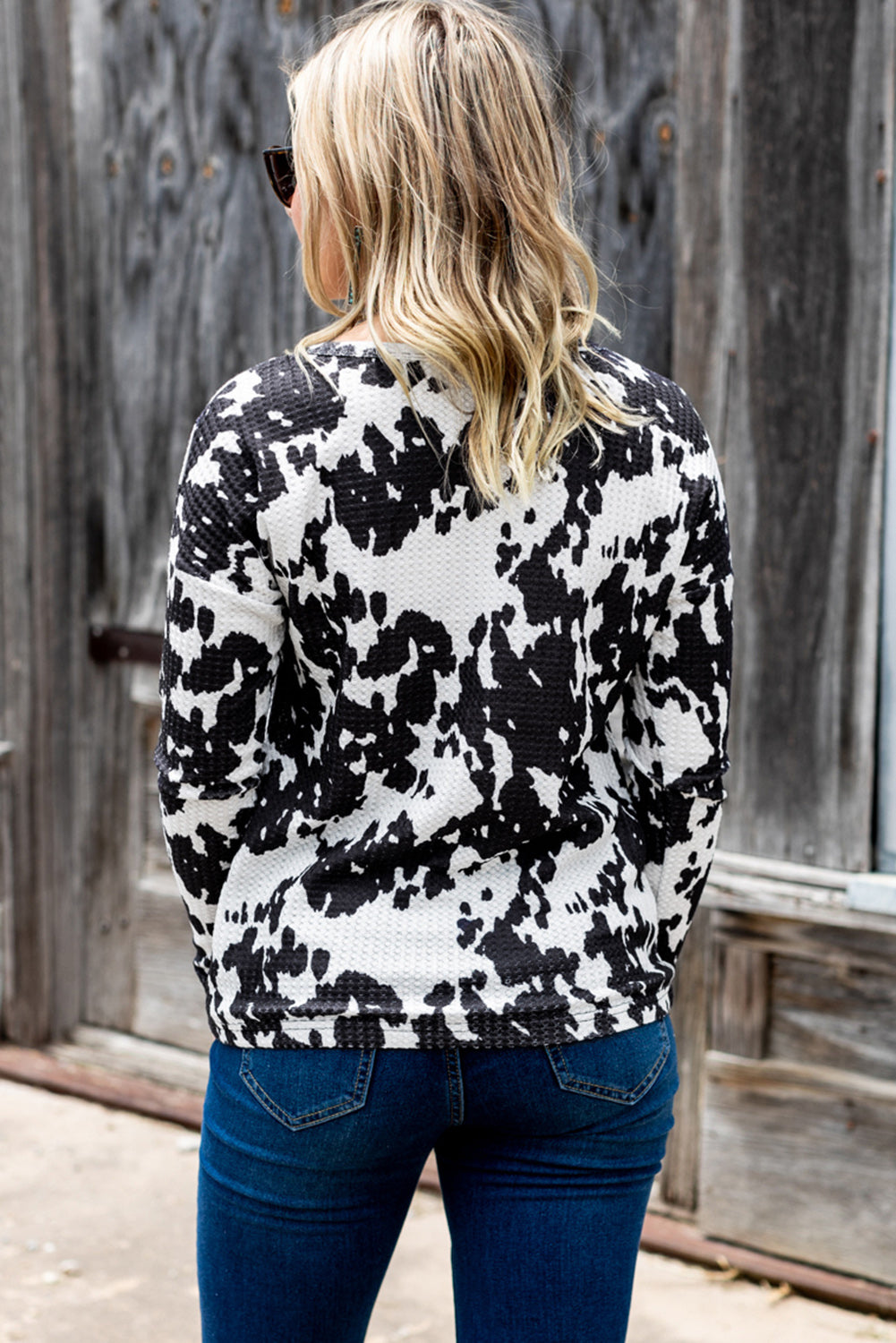 Cow Print U Neck Long Sleeve Top-yoyobikini