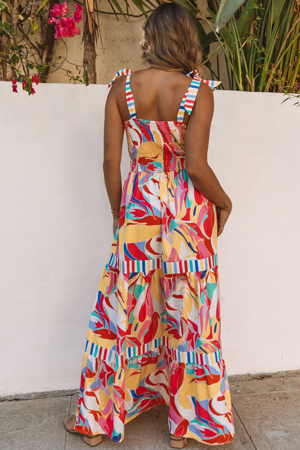 Multicolor Abstract Print Striped Trim Maxi Sundress-yoyobikini
