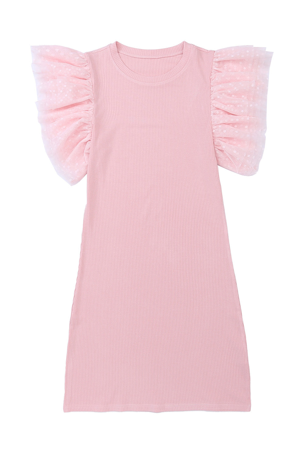 Pink Ruffle Tulle Sleeve Ribbed Knit Bodycon Dress-yoyobikini