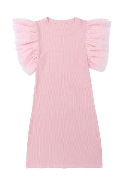 Pink Ruffle Tulle Sleeve Ribbed Knit Bodycon Dress-yoyobikini