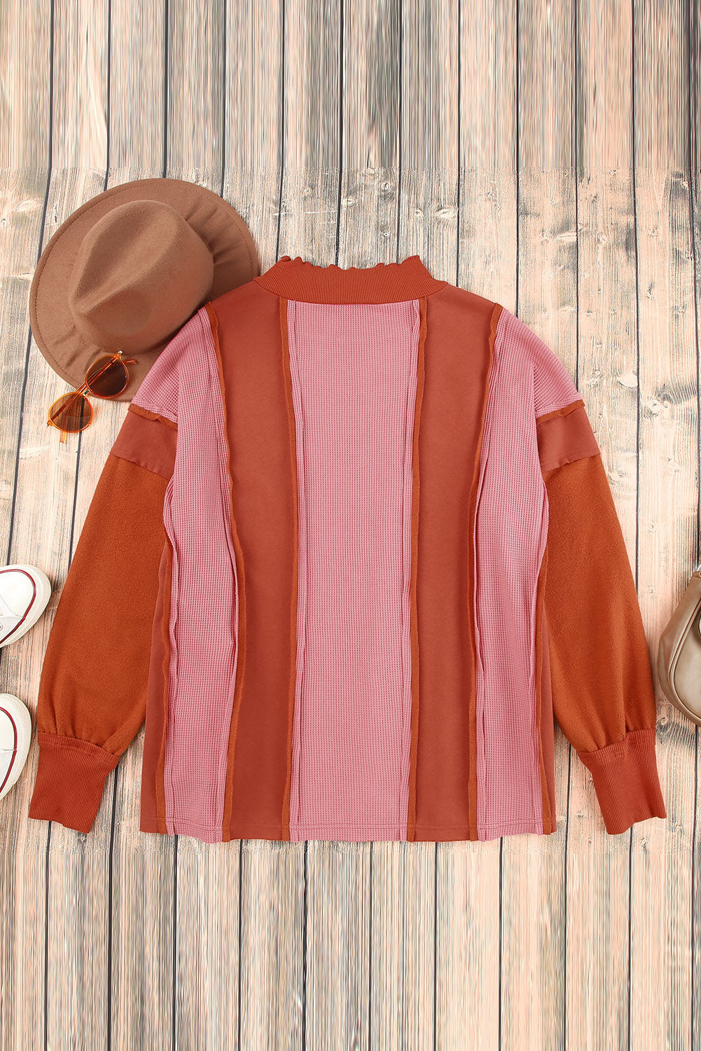 Red Waffle Knit Ripped Exposed Seam	Patchwork Top with Thumbhole-yoyobikini