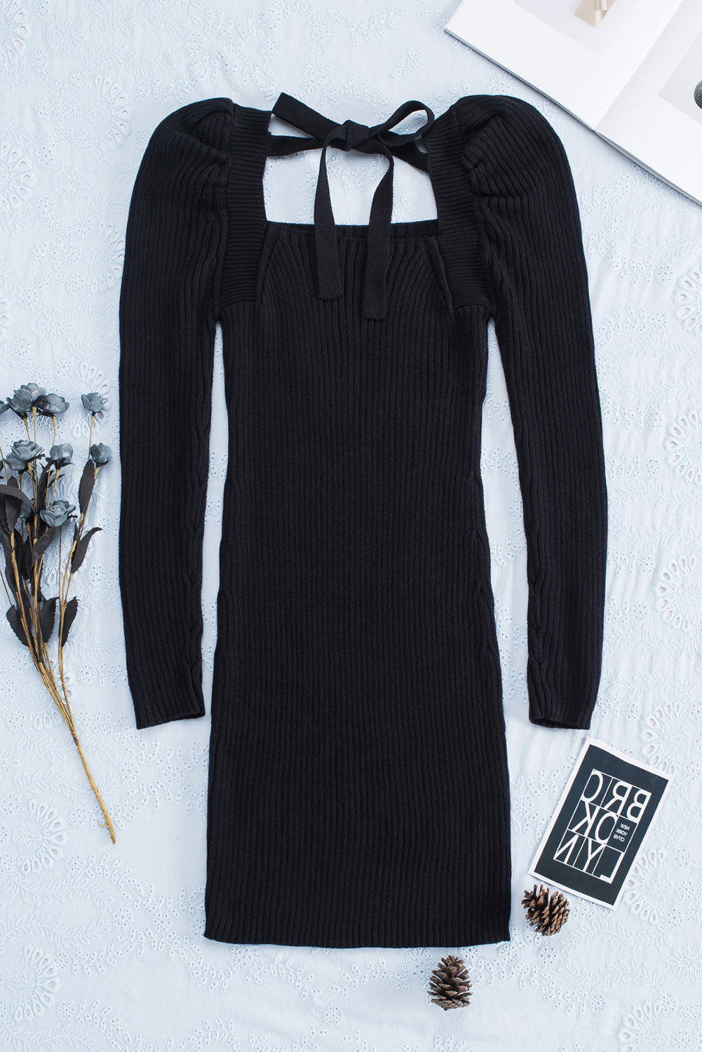 Black Square Neck Puffy Sleeve Sweater Dress-yoyobikini