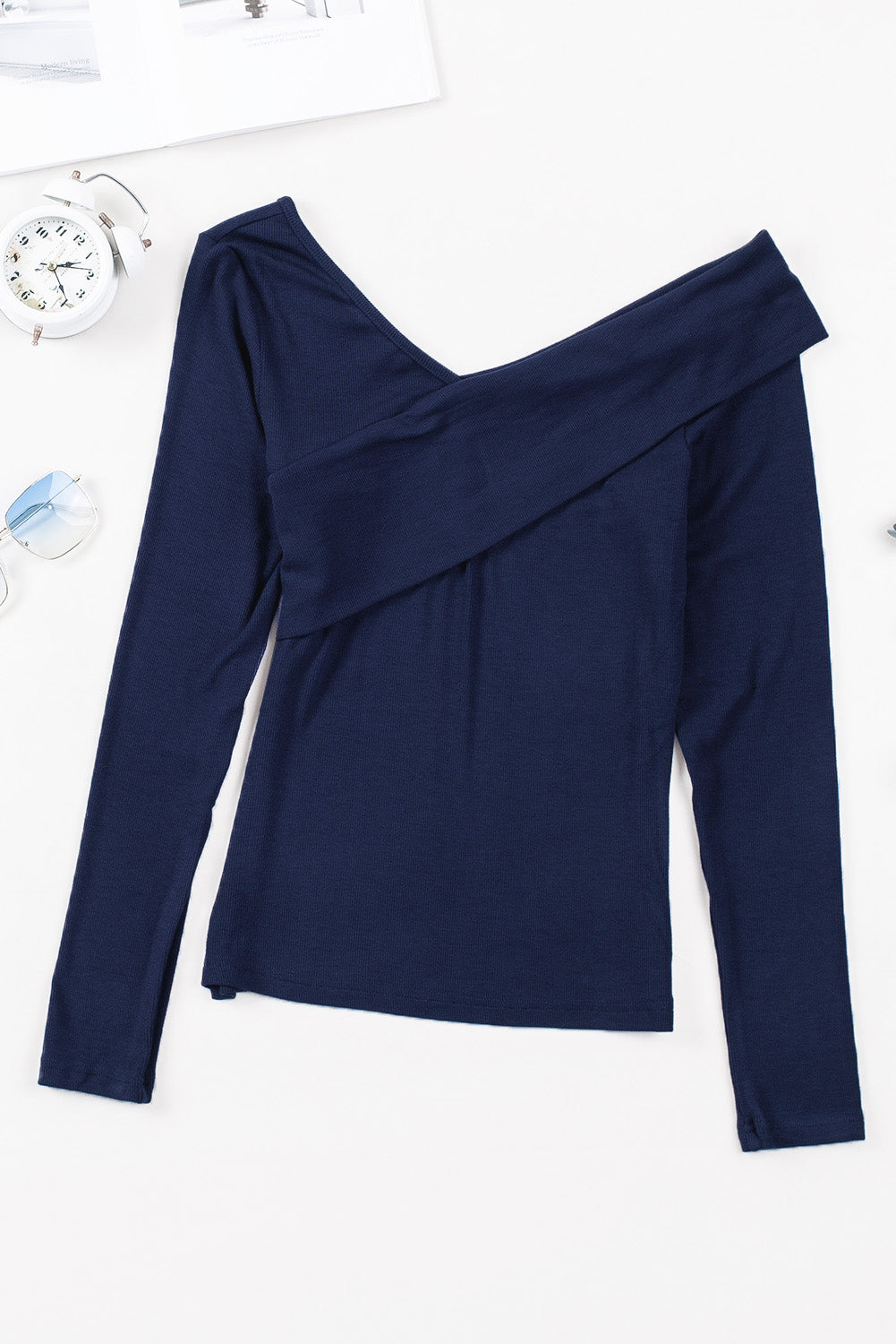 Blue Ribbed Wrap V Neck Long Sleeve Top-yoyobikini
