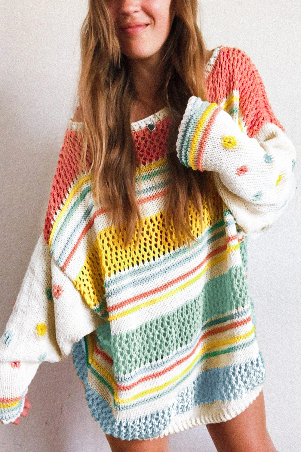 Multicolor Hollow Striped Knit Contrast Sleeve Sweater-yoyobikini