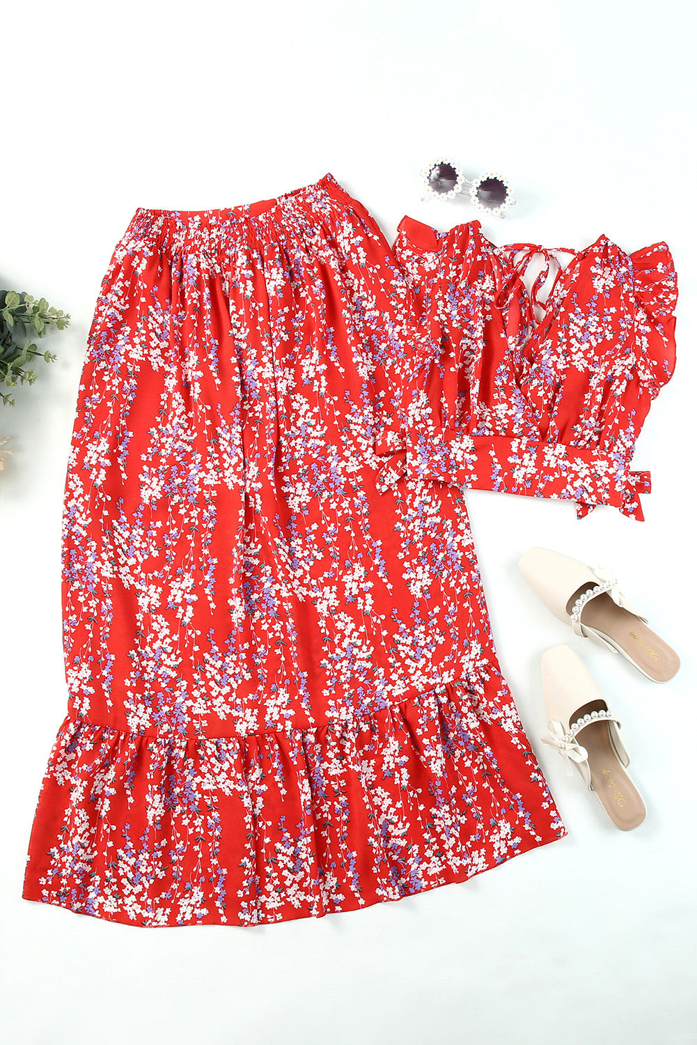 Red Multicolor Floral Ruffled Crop Top and Maxi Skirt Set-yoyobikini
