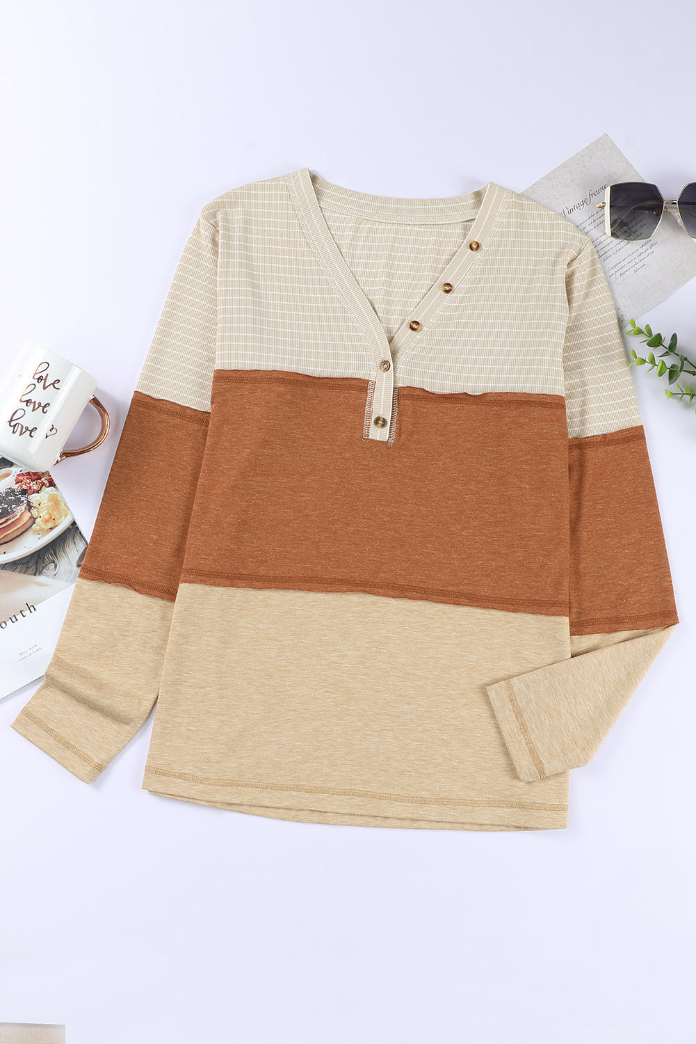 Orange Striped Color Block Henley Top-yoyobikini