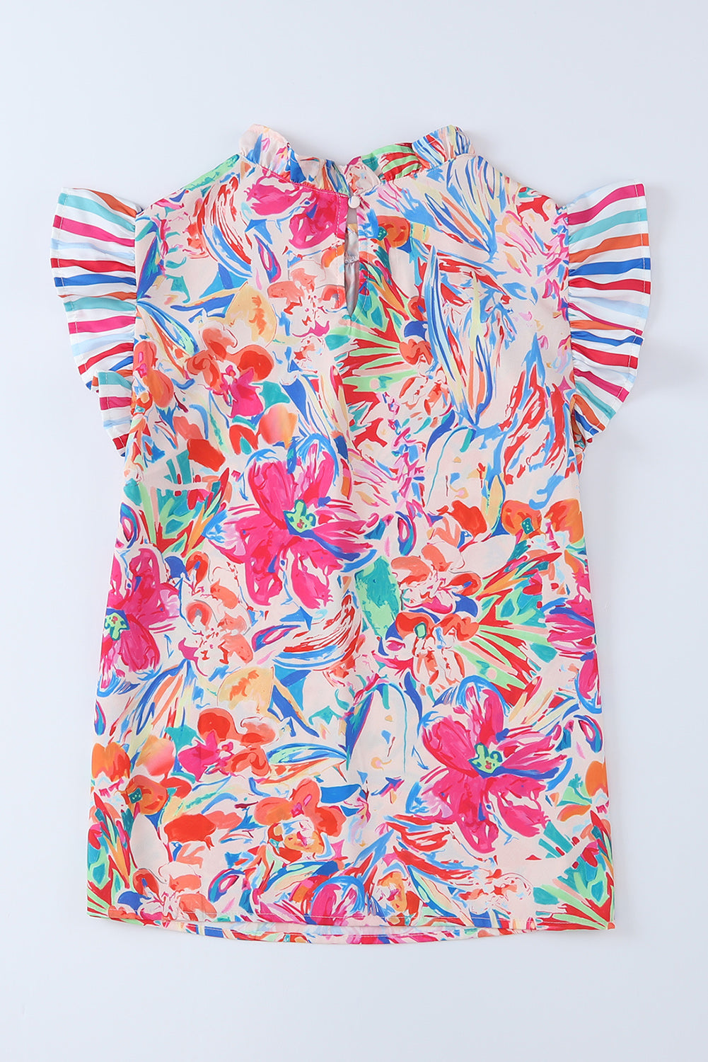 Multicolor Abstract Striped Patchwork Ruffled Short Sleeve Blouse-yoyobikini