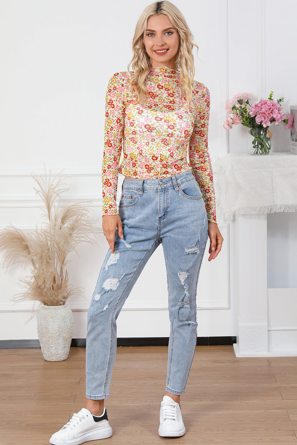 Multicolor Floral Lettuce Hem Long Sleeve Top-yoyobikini