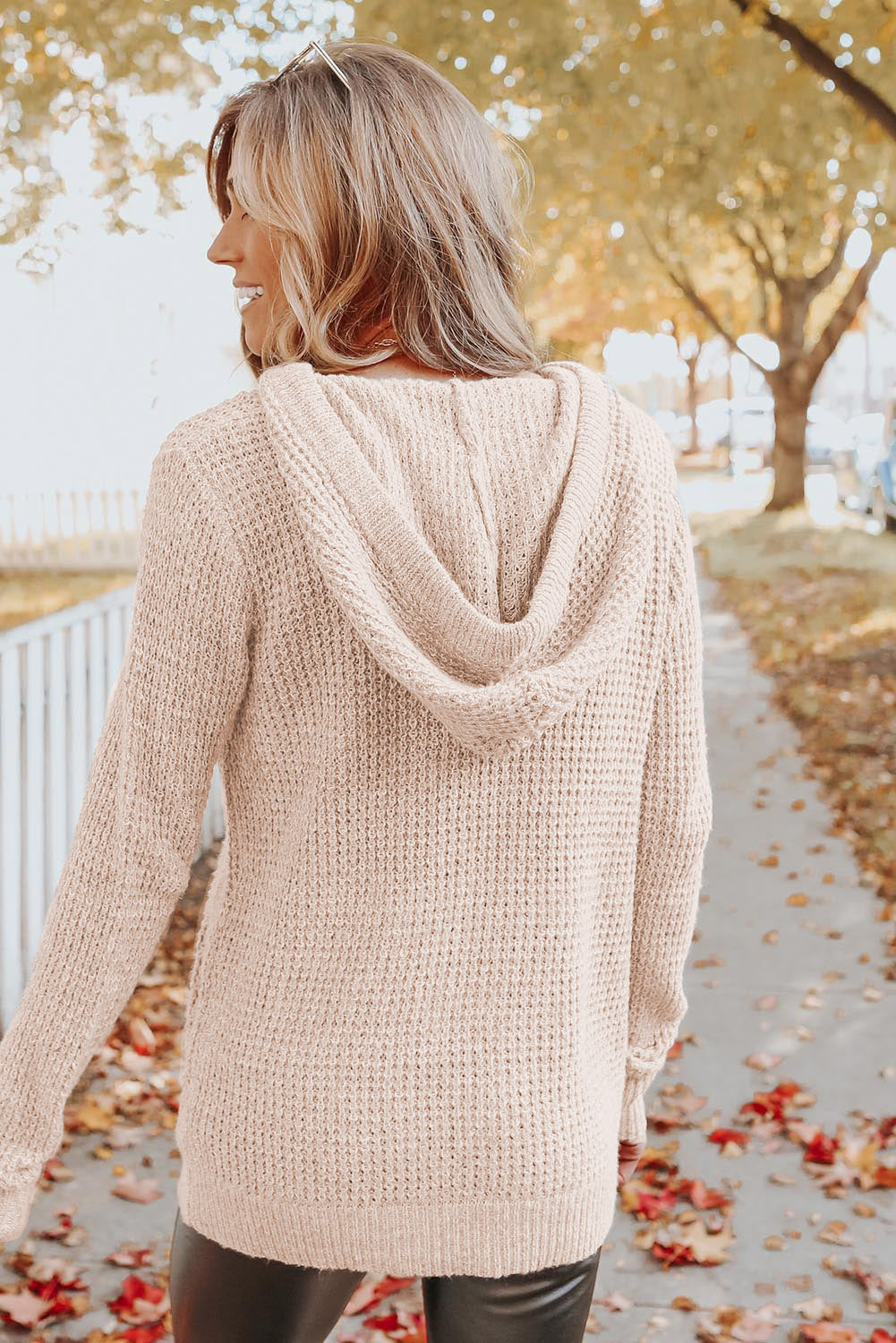 Apricot Waffle Knit Buttons Hooded Sweater with Pocket-yoyobikini