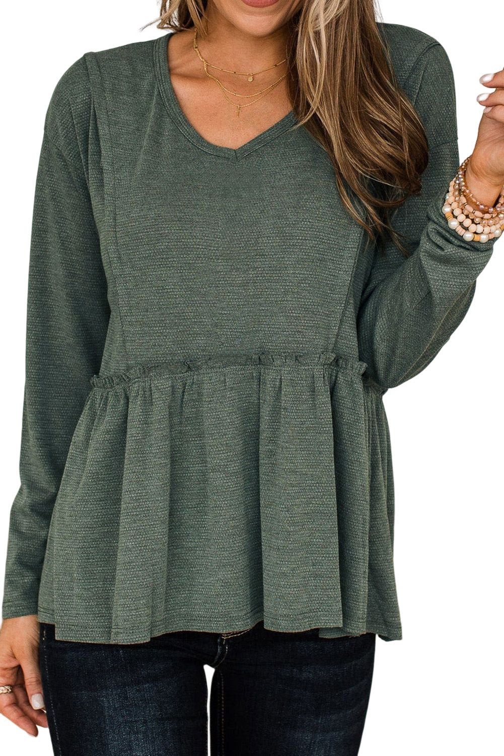 Green Outseam Detail Long Sleeve Peplum Top-yoyobikini