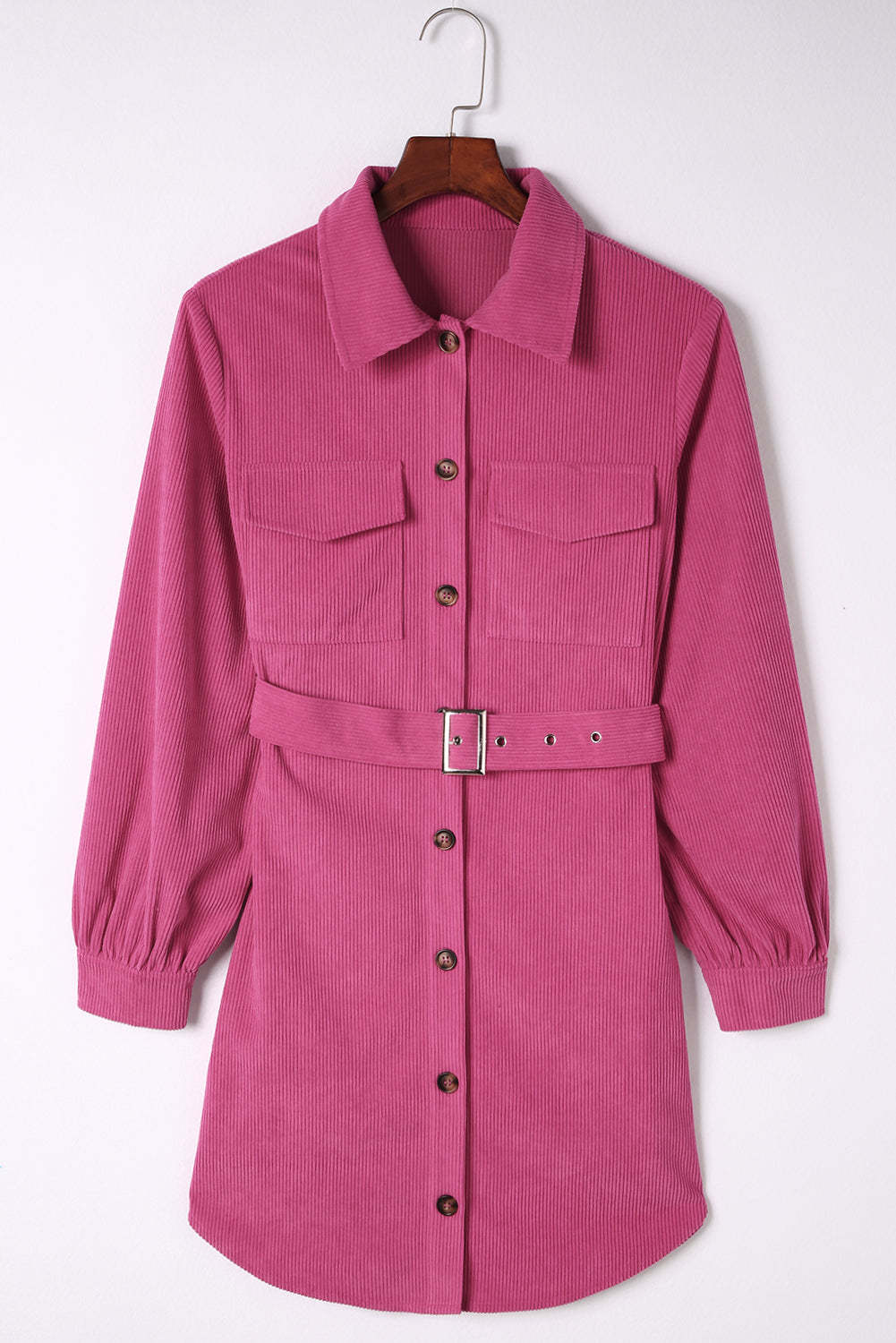 Rose Corduroy Long Sleeve Button up Shirt Dress with Belt