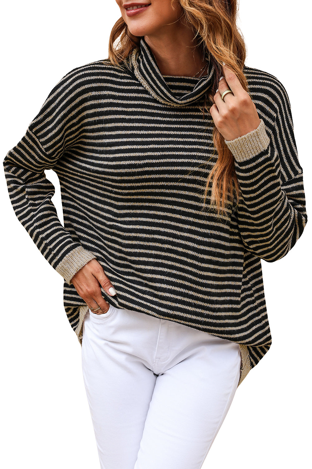 Black Striped Turtleneck Loose Sweater-yoyobikini