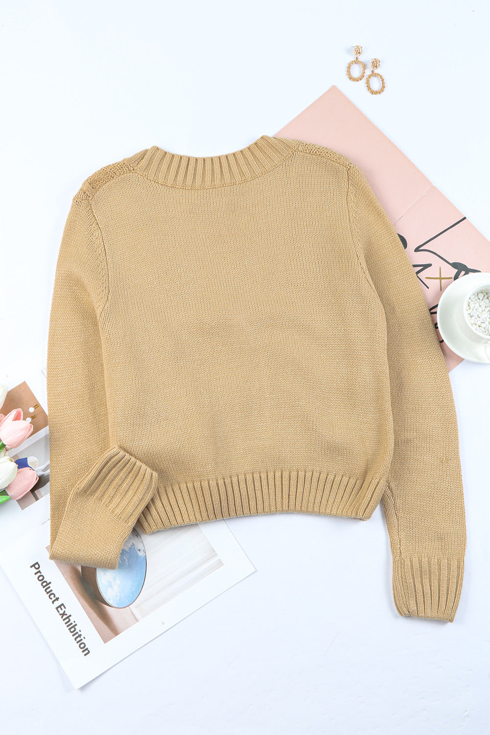 Beige Front Pockets Buttons Textured Cardigan-yoyobikini