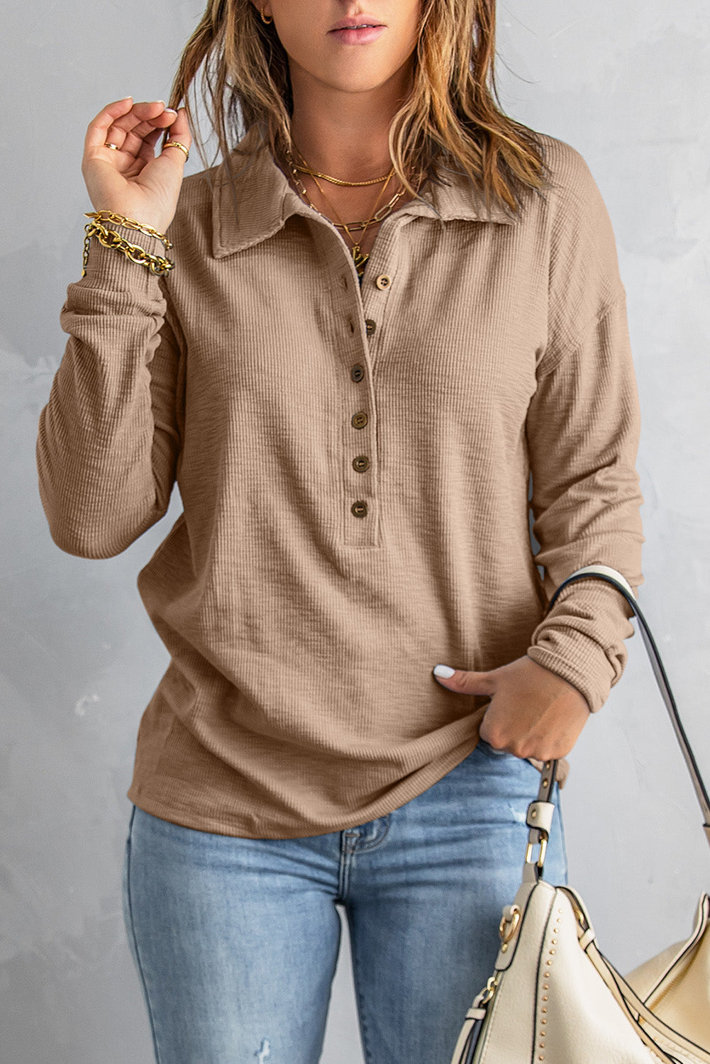 Khaki Button Front Turn-down Neck Knit Top-yoyobikini