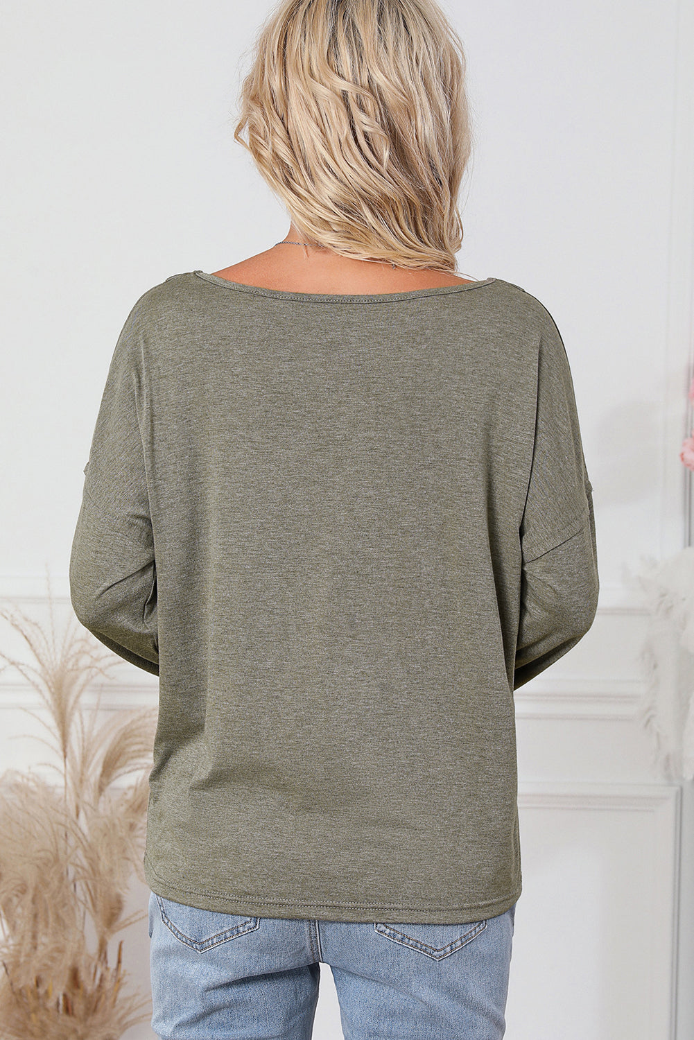 Khaki Long Sleeve V-Neck Stitching Henley Top-yoyobikini
