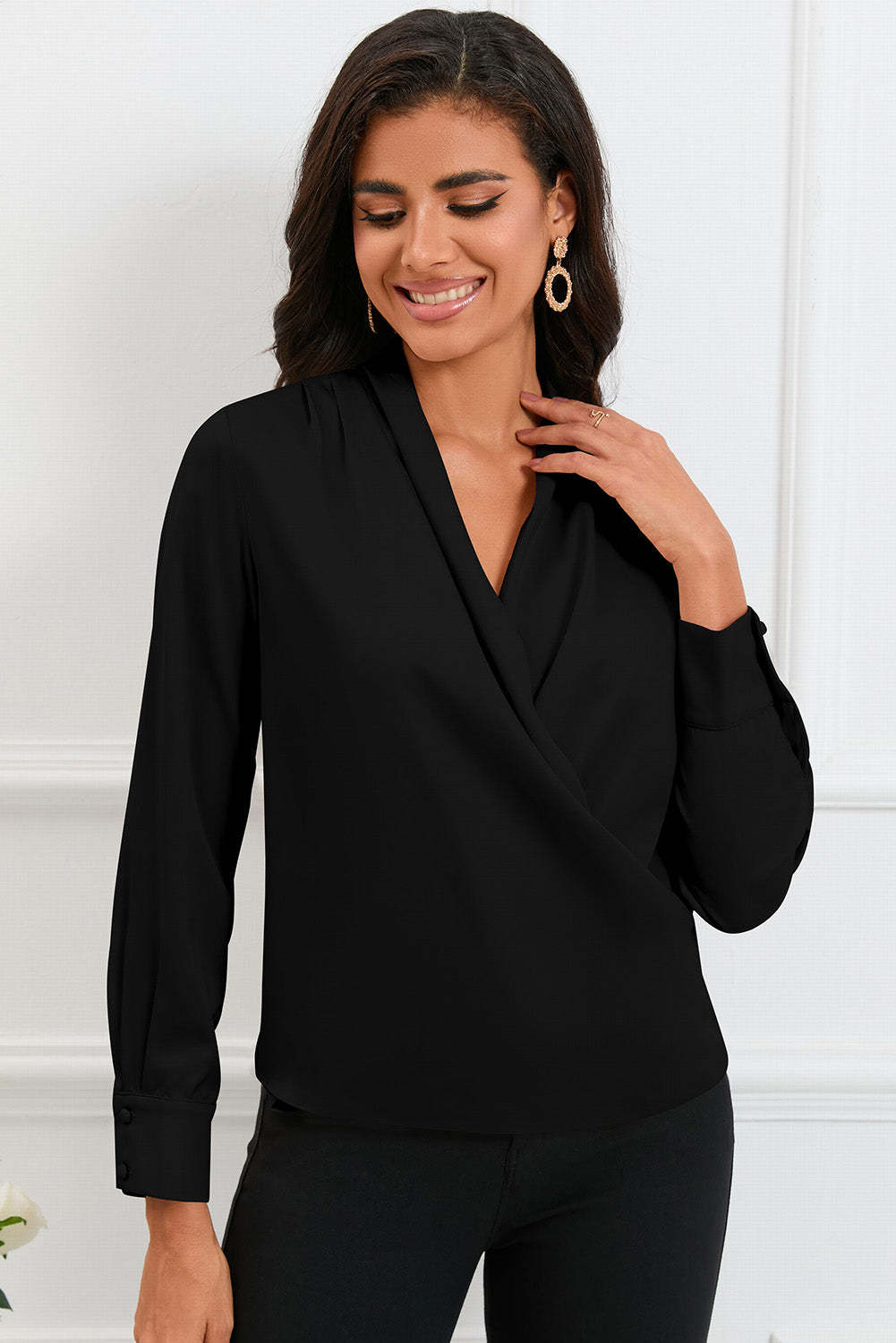 Black Solid Wrap V Neck Long Sleeve Top-yoyobikini