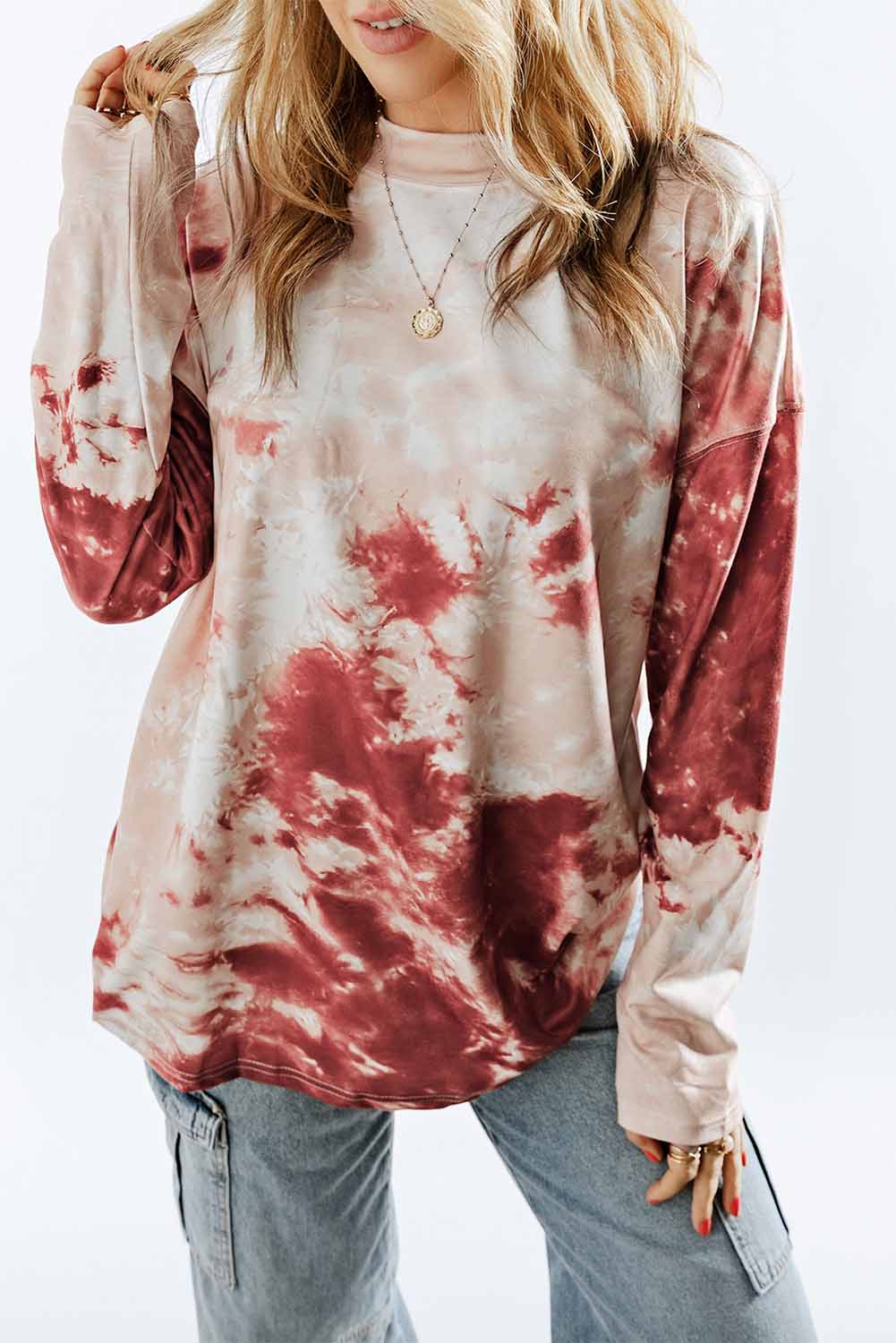 Red Tie Dye Crew Neck Long Sleeve Top-yoyobikini