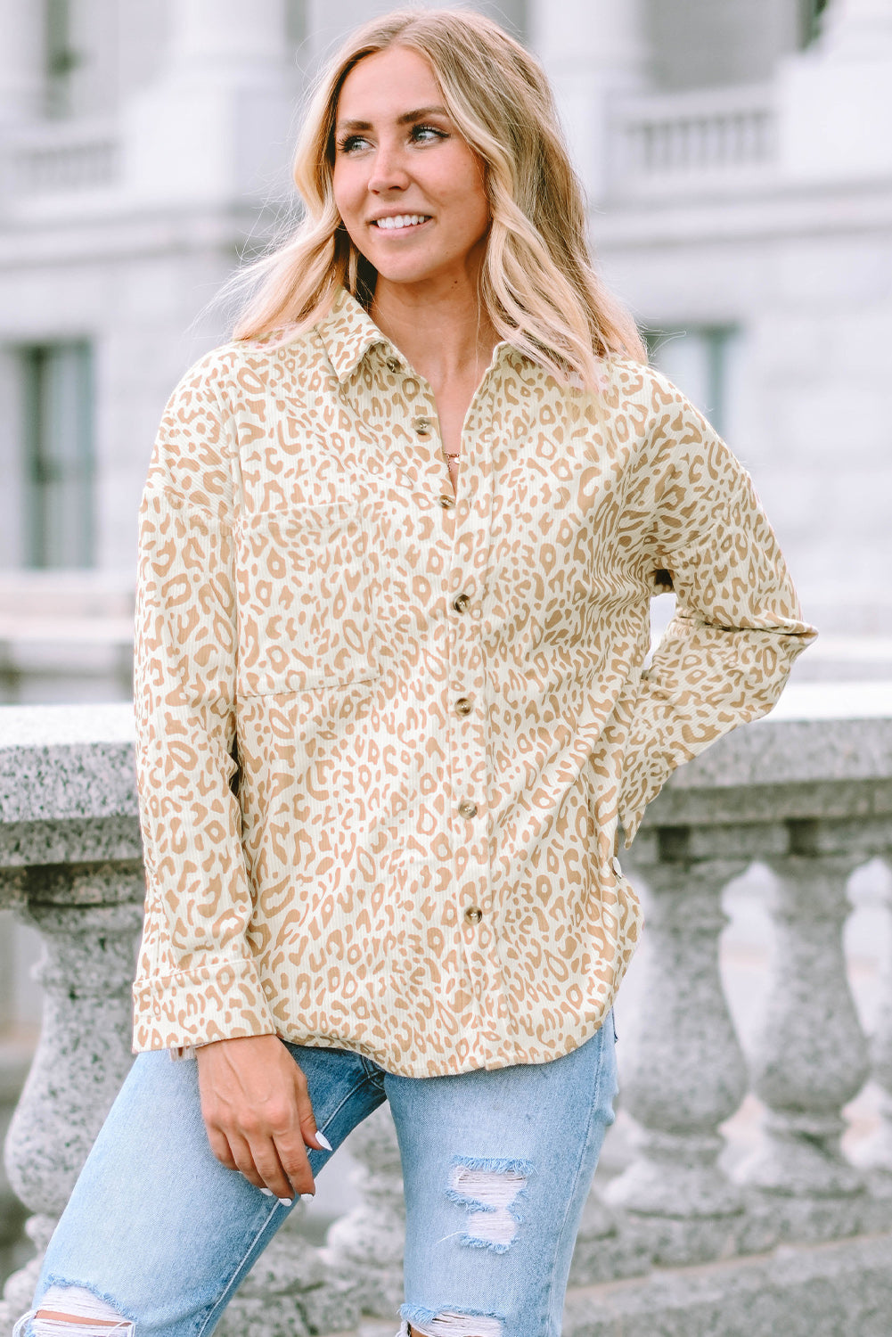 Leopard Corduroy Button Up Shirt-yoyobikini