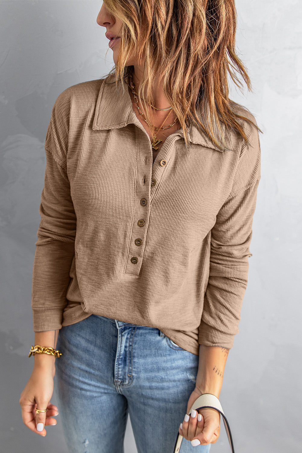Khaki Button Front Turn-down Neck Knit Top-yoyobikini