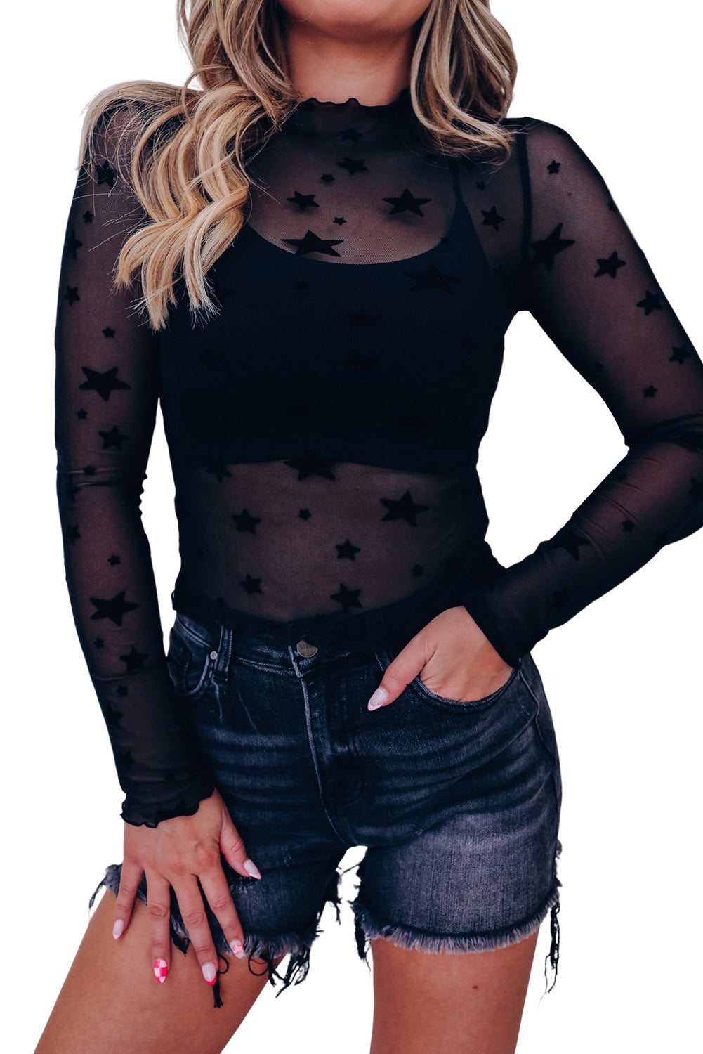 Black Star Embellished Sheer Mesh Long Sleeve Top-yoyobikini
