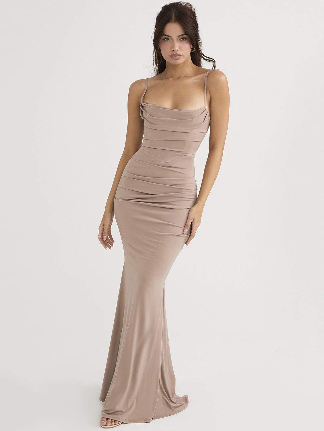 Bodycon Dresses Light Gold Sleeveless Pleated Elegant Straps Neck Layered Sheath Dress