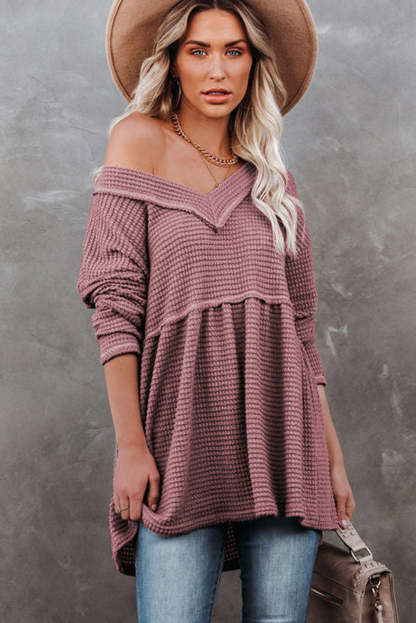 Pink Waffle Knit V Neck Long Sleeve Babydoll Top-yoyobikini