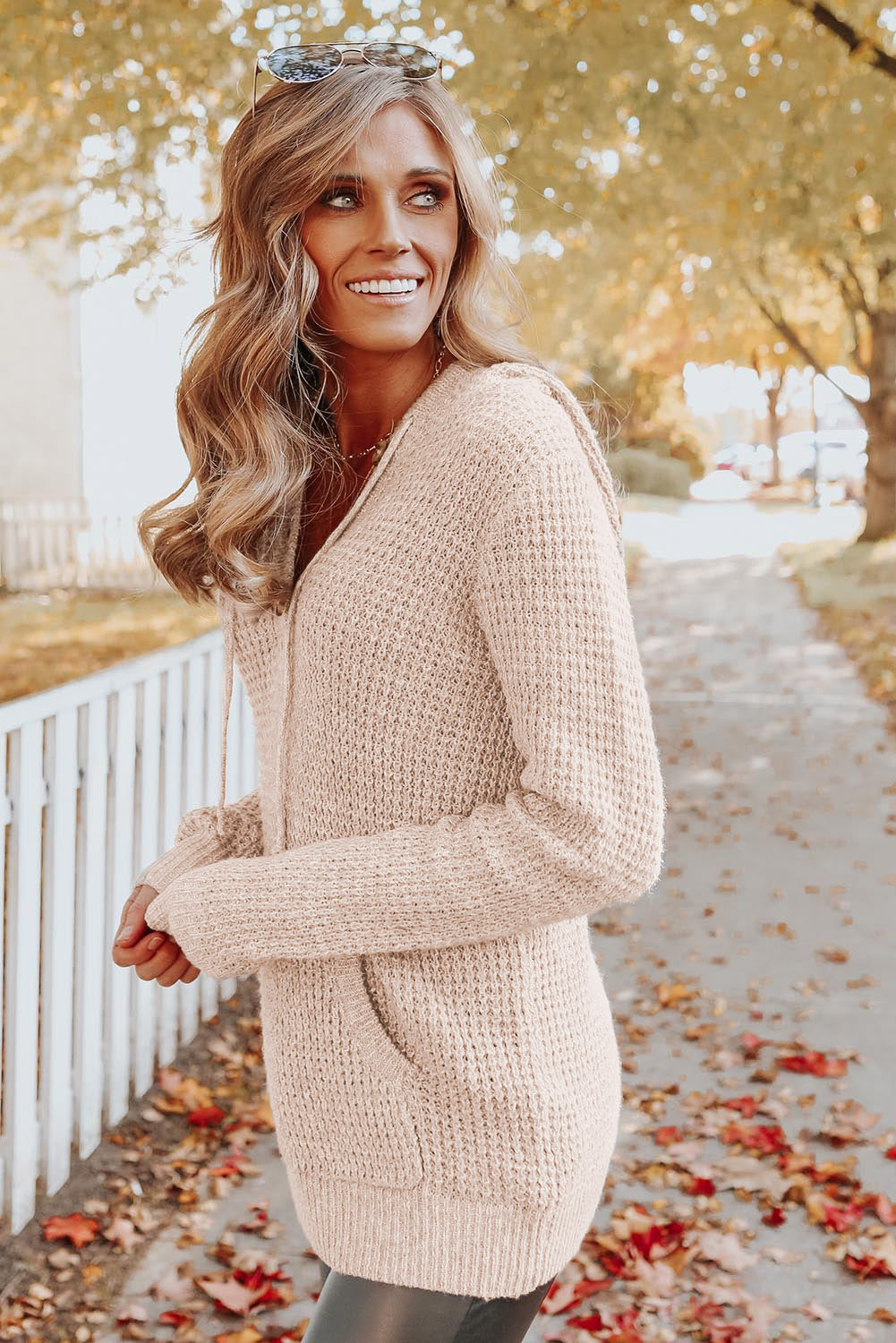 Apricot Waffle Knit Buttons Hooded Sweater with Pocket-yoyobikini