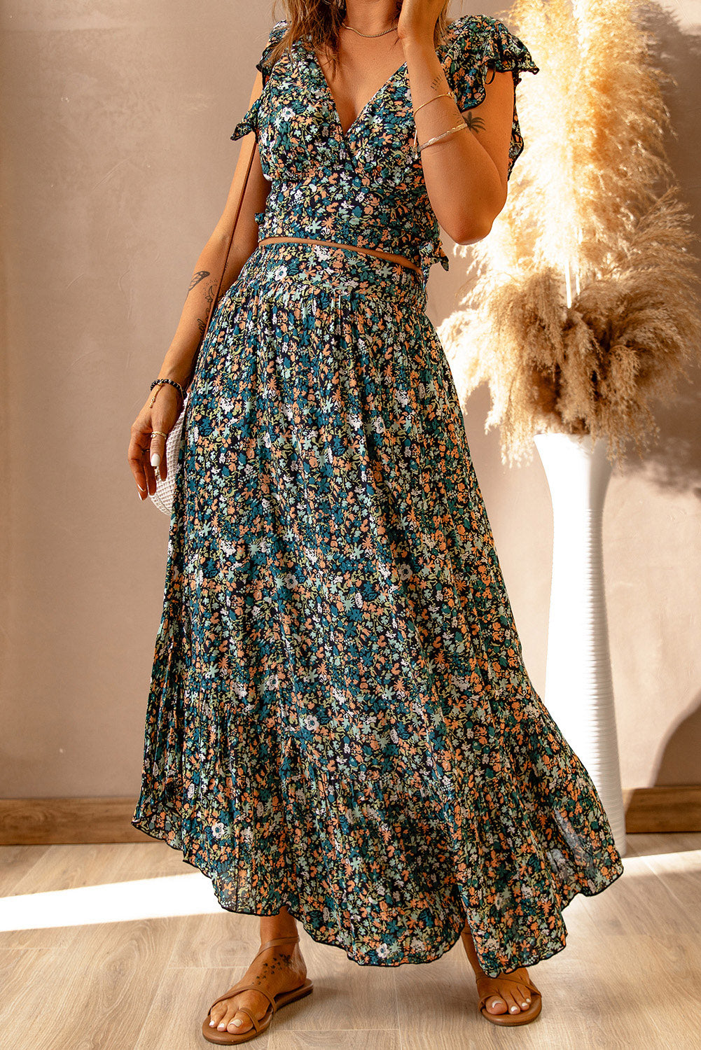 Multicolor Floral Ruffled Crop Top and Maxi Skirt Set-yoyobikini