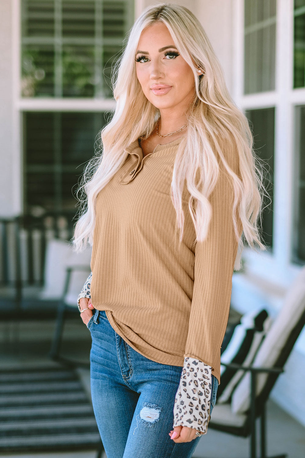 Brown Leopard Cuffs Ribbed Henley Top-yoyobikini