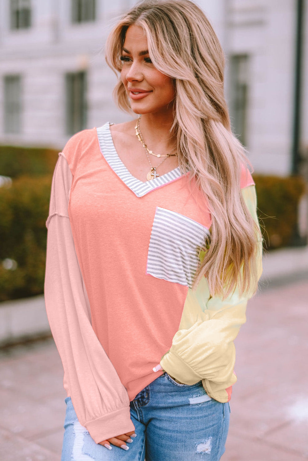 Striped Color Block Splicing Long Sleeve T Shirt-yoyobikini
