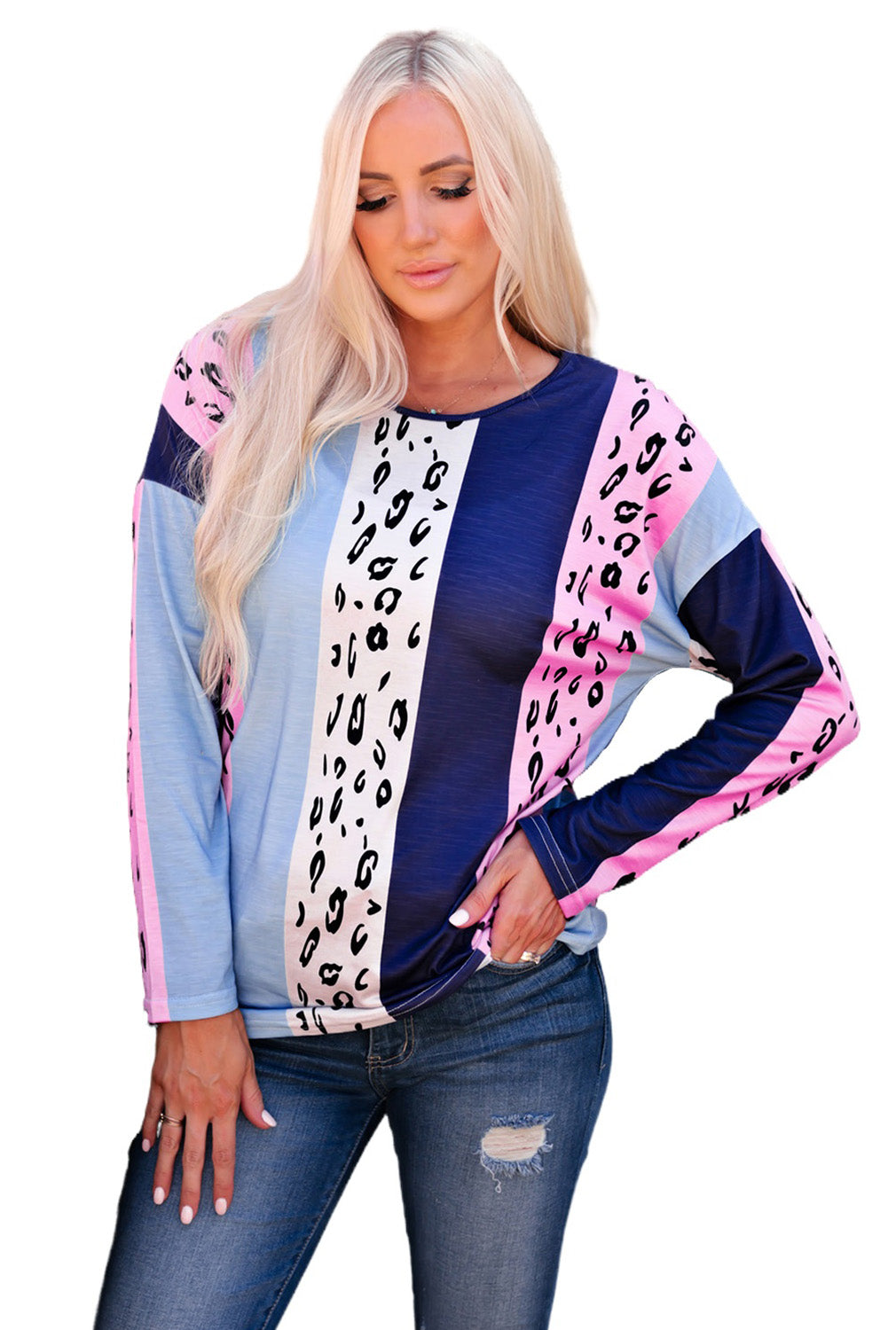 Leopard Color Block Leopard Long Sleeve Blouse-yoyobikini