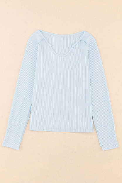 Sky Blue Mineral Wash Long Sleeve V-Neck Top-yoyobikini