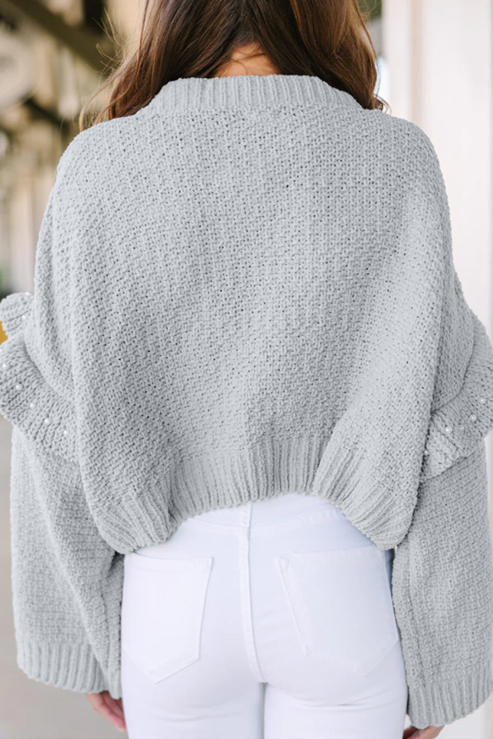 Gray Pearl Embellished Ruffle Wide Sleeve Sweater-yoyobikini
