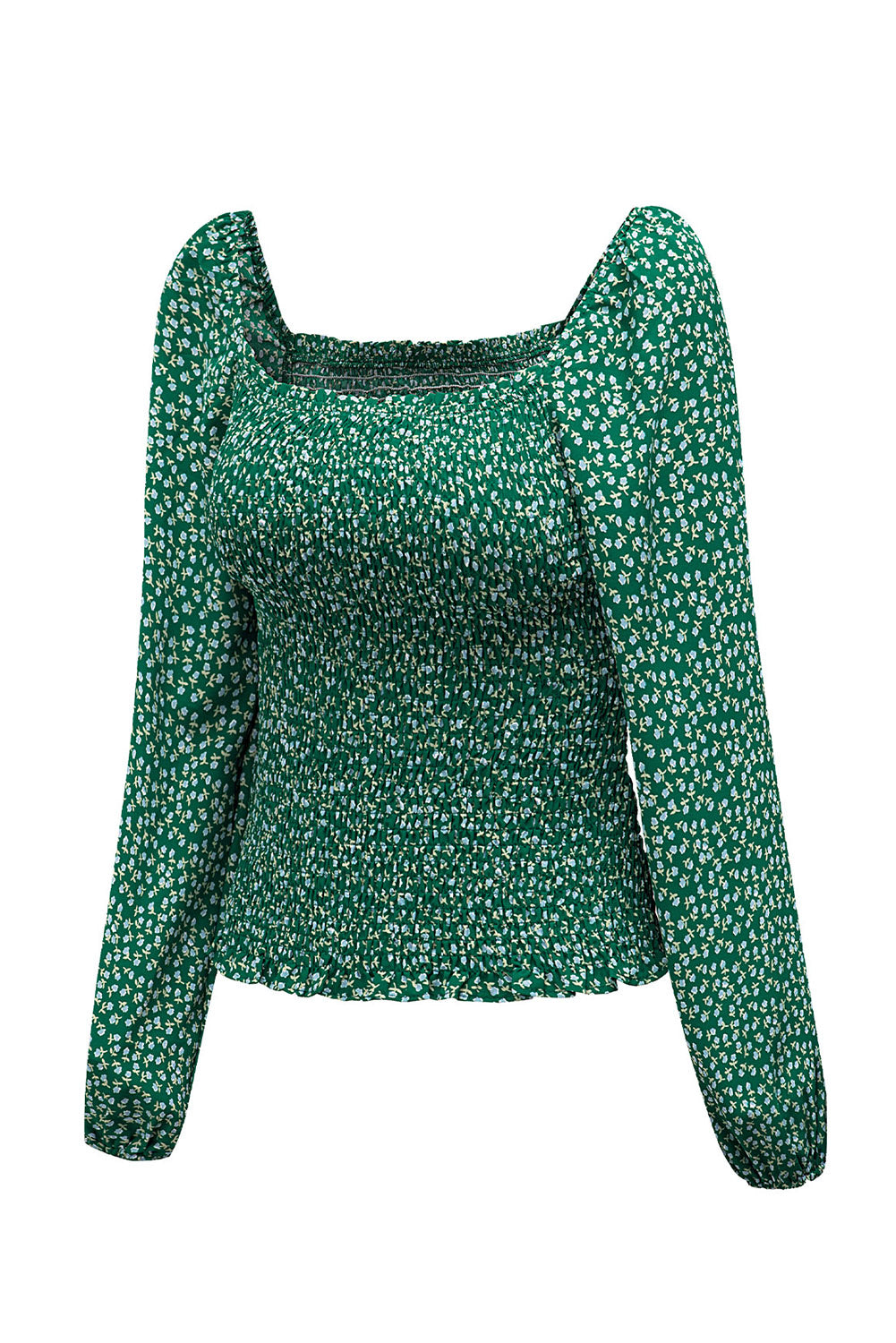 Green Square Neck Puff Sleeve Floral Smocked Top-yoyobikini