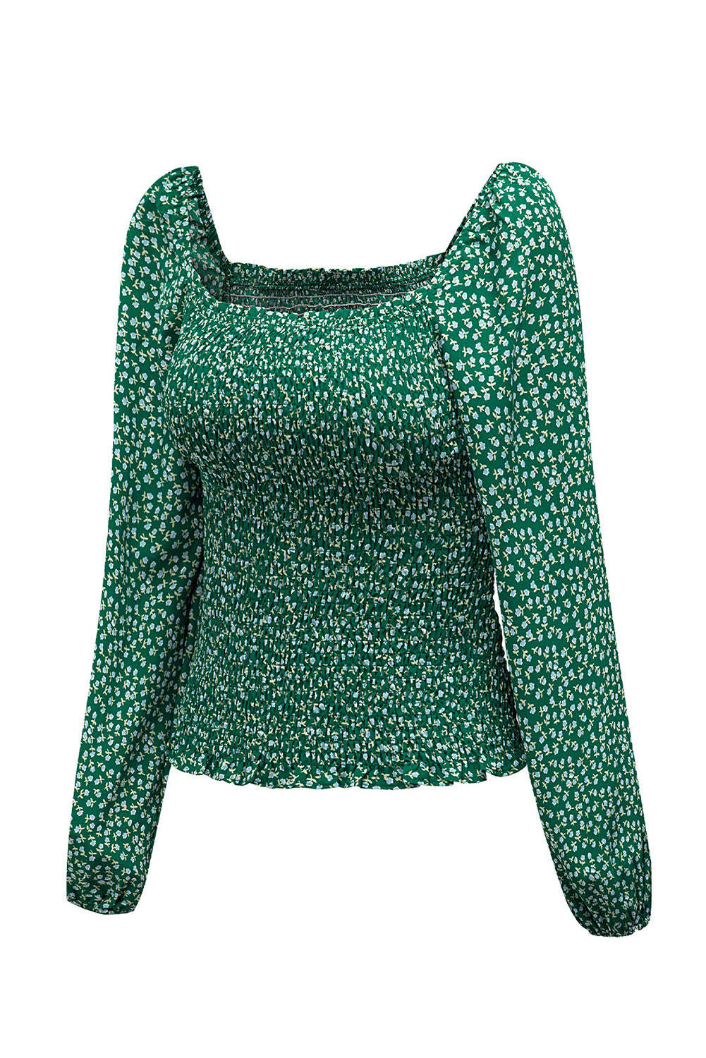 Green Square Neck Puff Sleeve Floral Smocked Top-yoyobikini