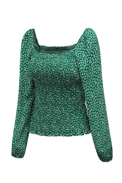 Green Square Neck Puff Sleeve Floral Smocked Top-yoyobikini