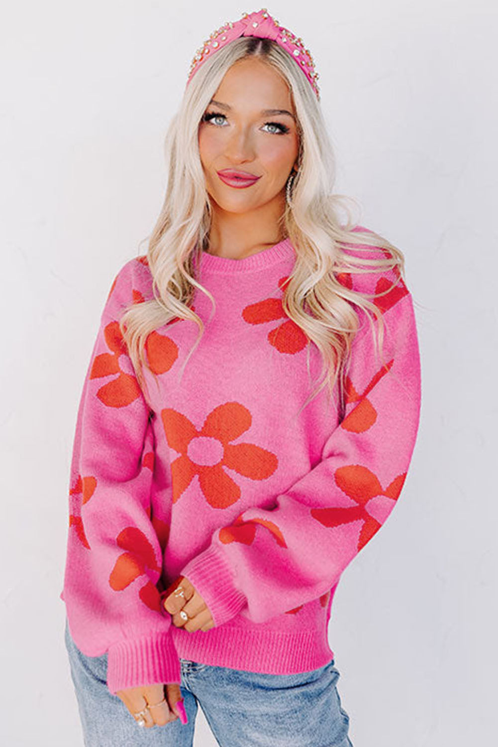 Rose Big Flower Knit Ribbed Trim Sweater-yoyobikini