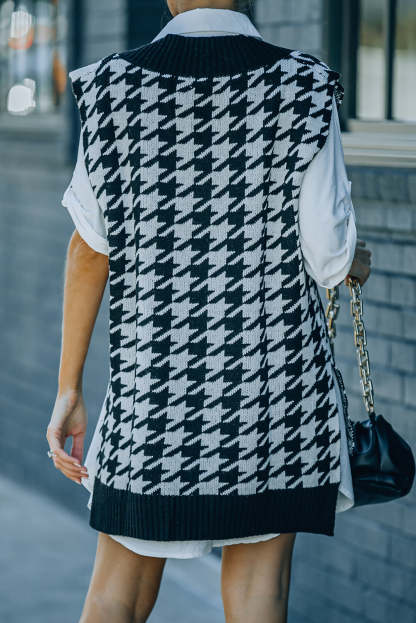 Black Houndstooth Sweater Vest with Slits-yoyobikini