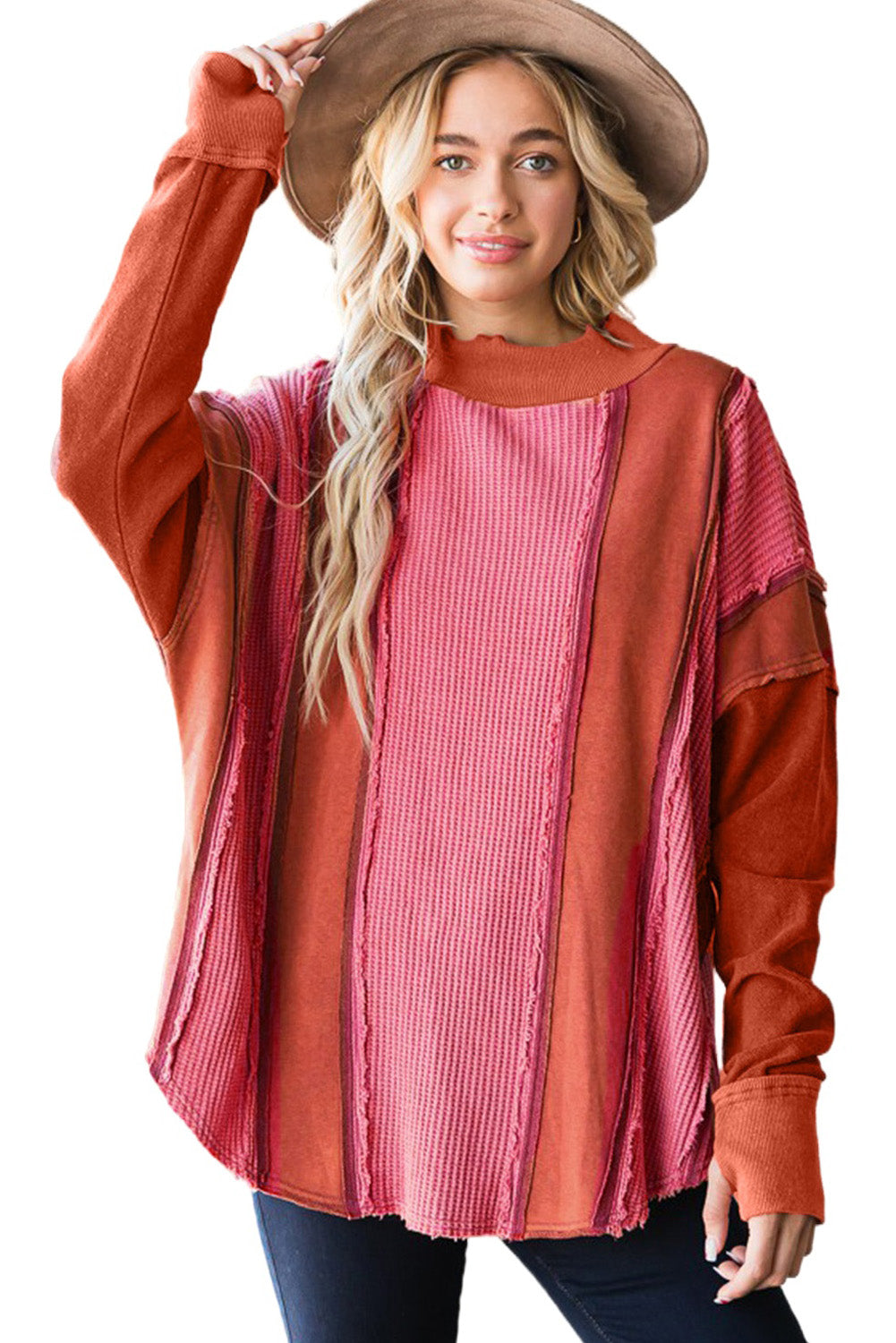 Red Waffle Knit Ripped Exposed Seam	Patchwork Top with Thumbhole-yoyobikini