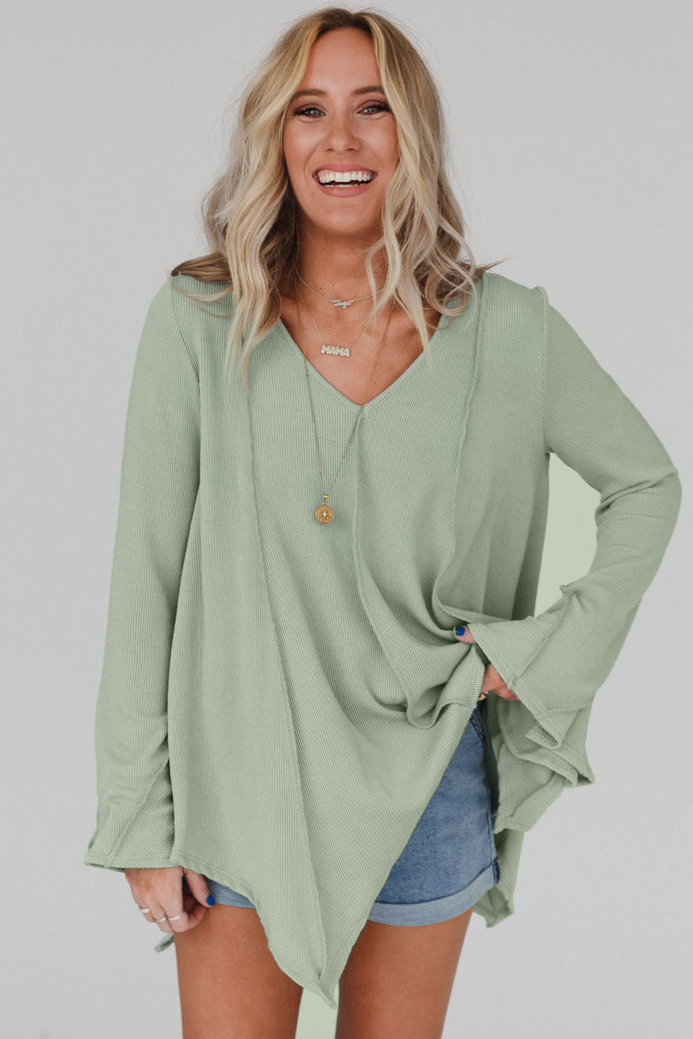 Green Ribbed Expose Seam Bell Sleeve Top-yoyobikini