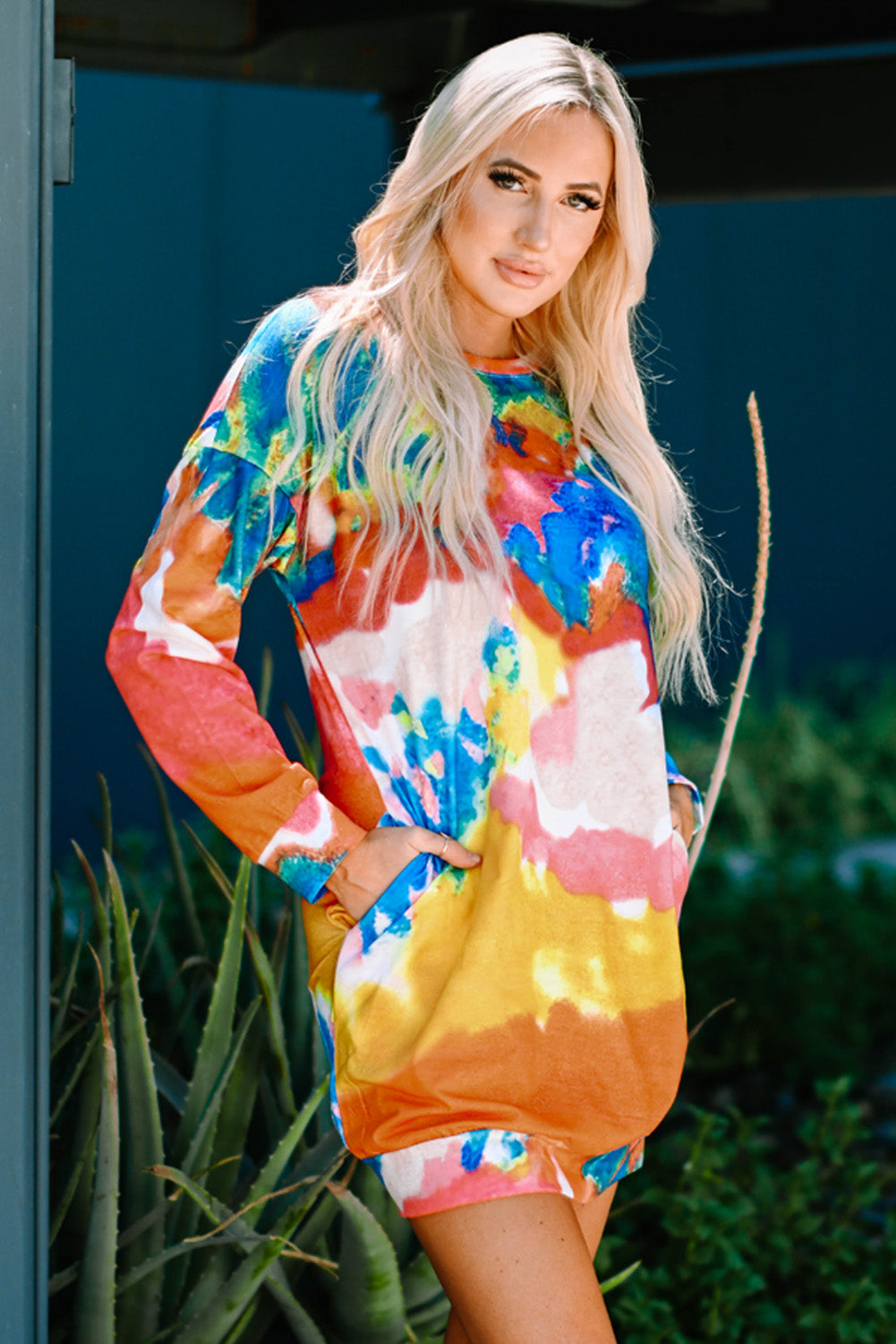 Multicolor Tie Dye Pocketed T Shirt Mini Dress-yoyobikini