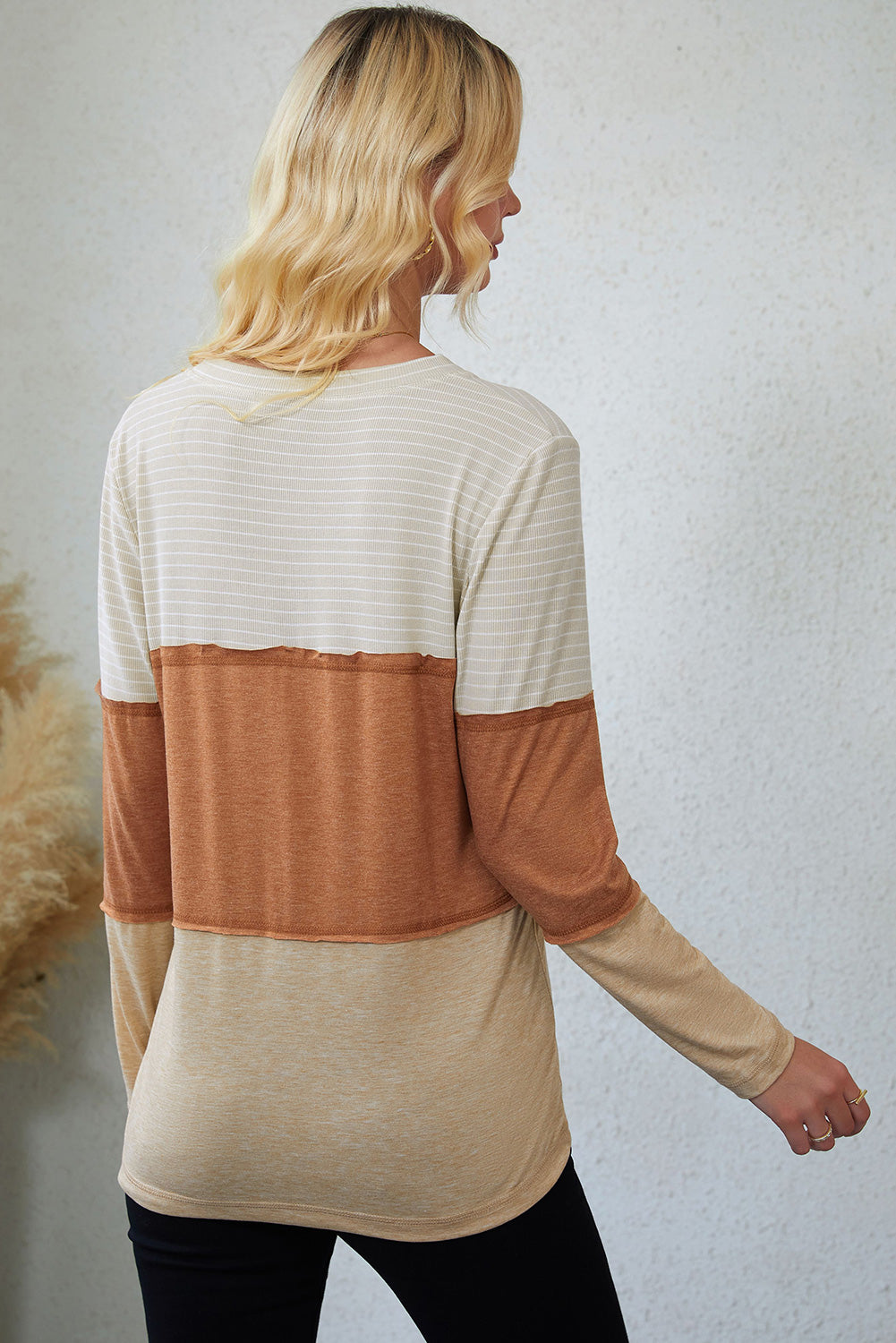 Orange Striped Color Block Henley Top-yoyobikini