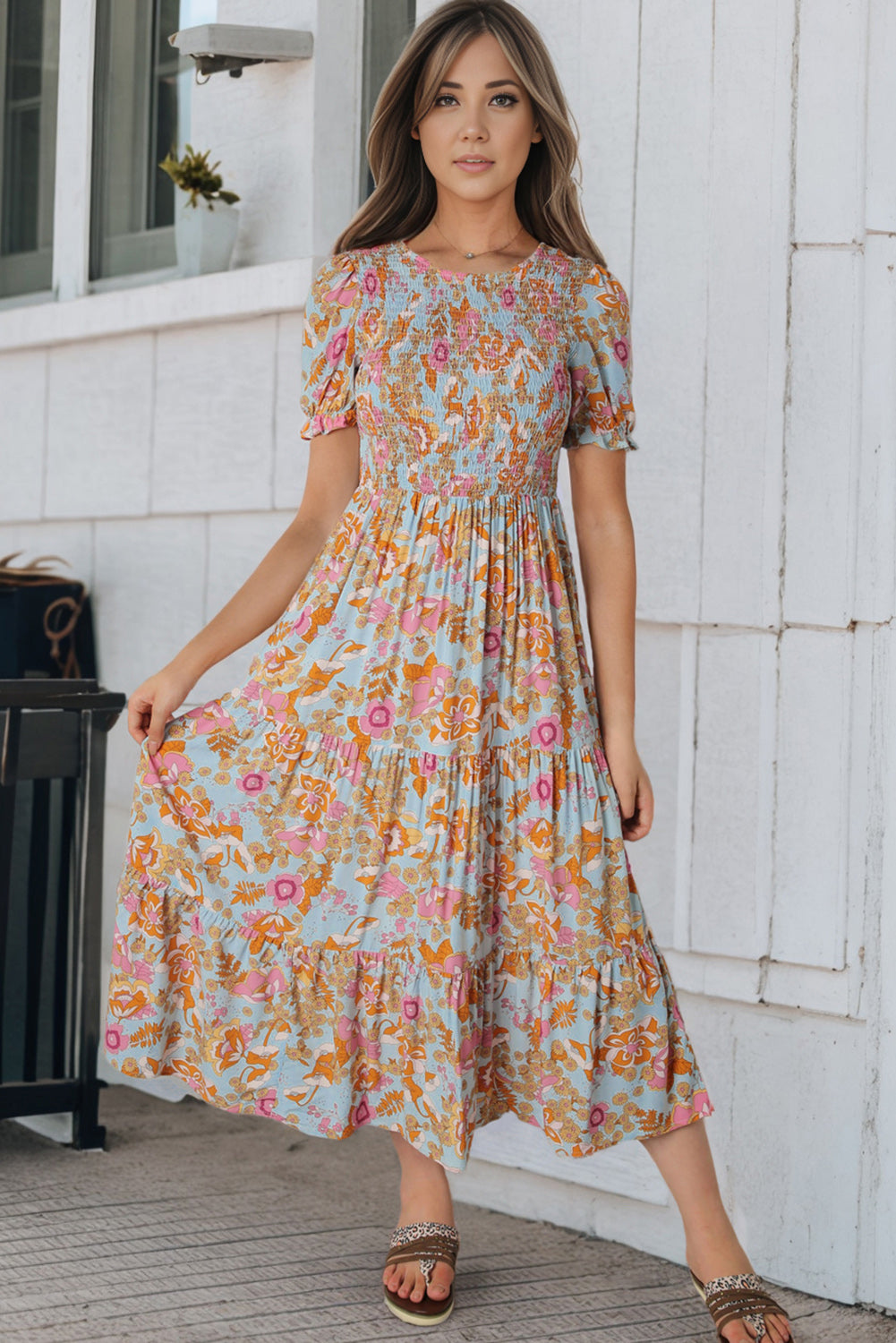 Sky Blue Floral Bubble Sleeve Smocked Flowy Ruffle Dress-yoyobikini