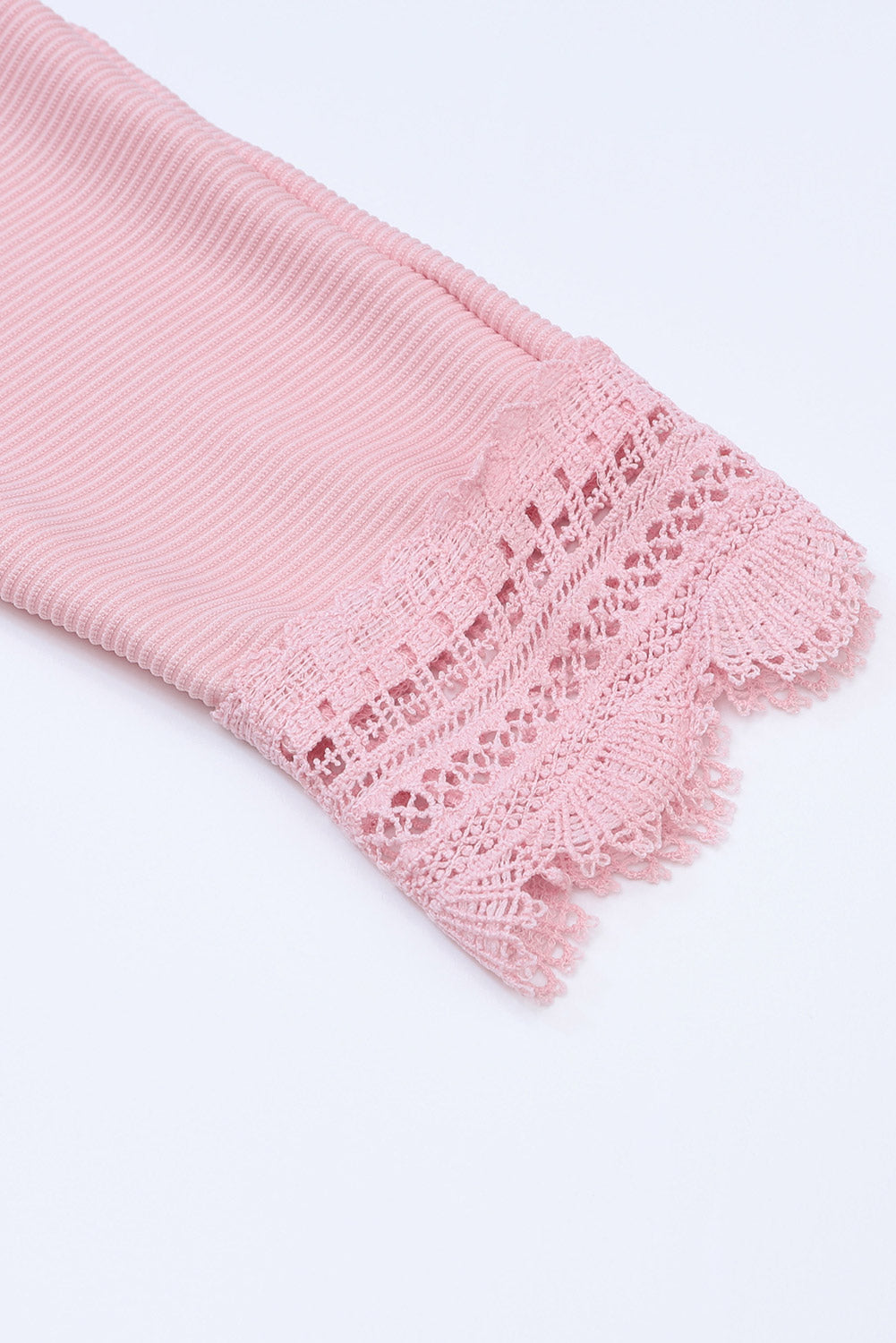 Pink Ribbed Texture Lace Trim V Neck Long Sleeve Top-yoyobikini