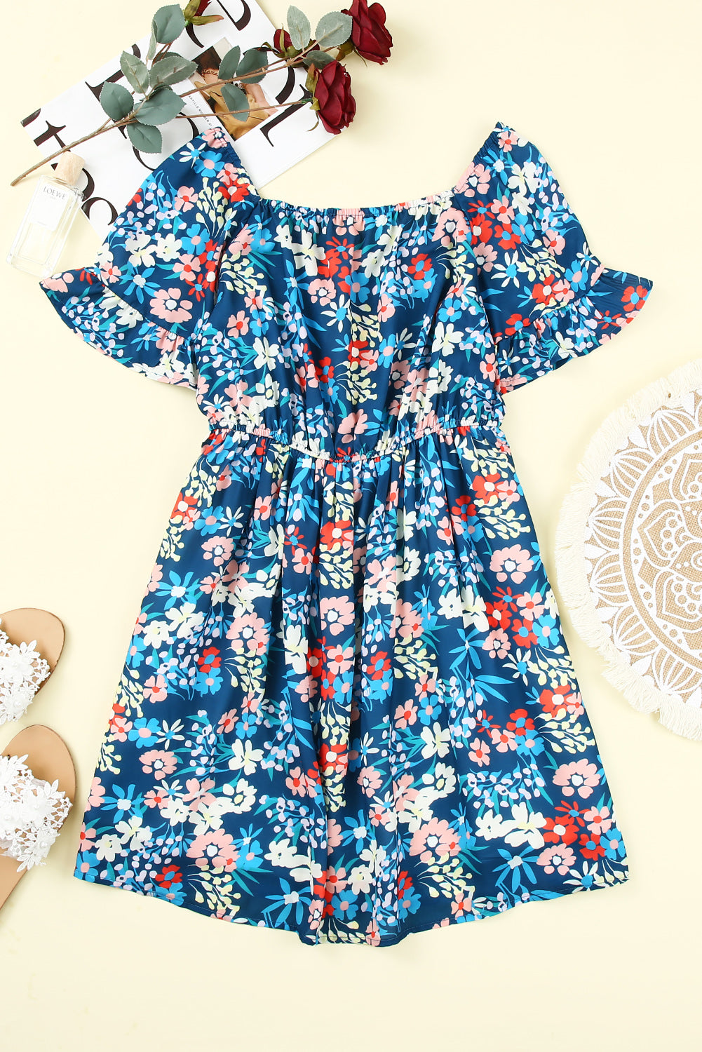 Blue Square Neck Ruffle Floral Dress-yoyobikini