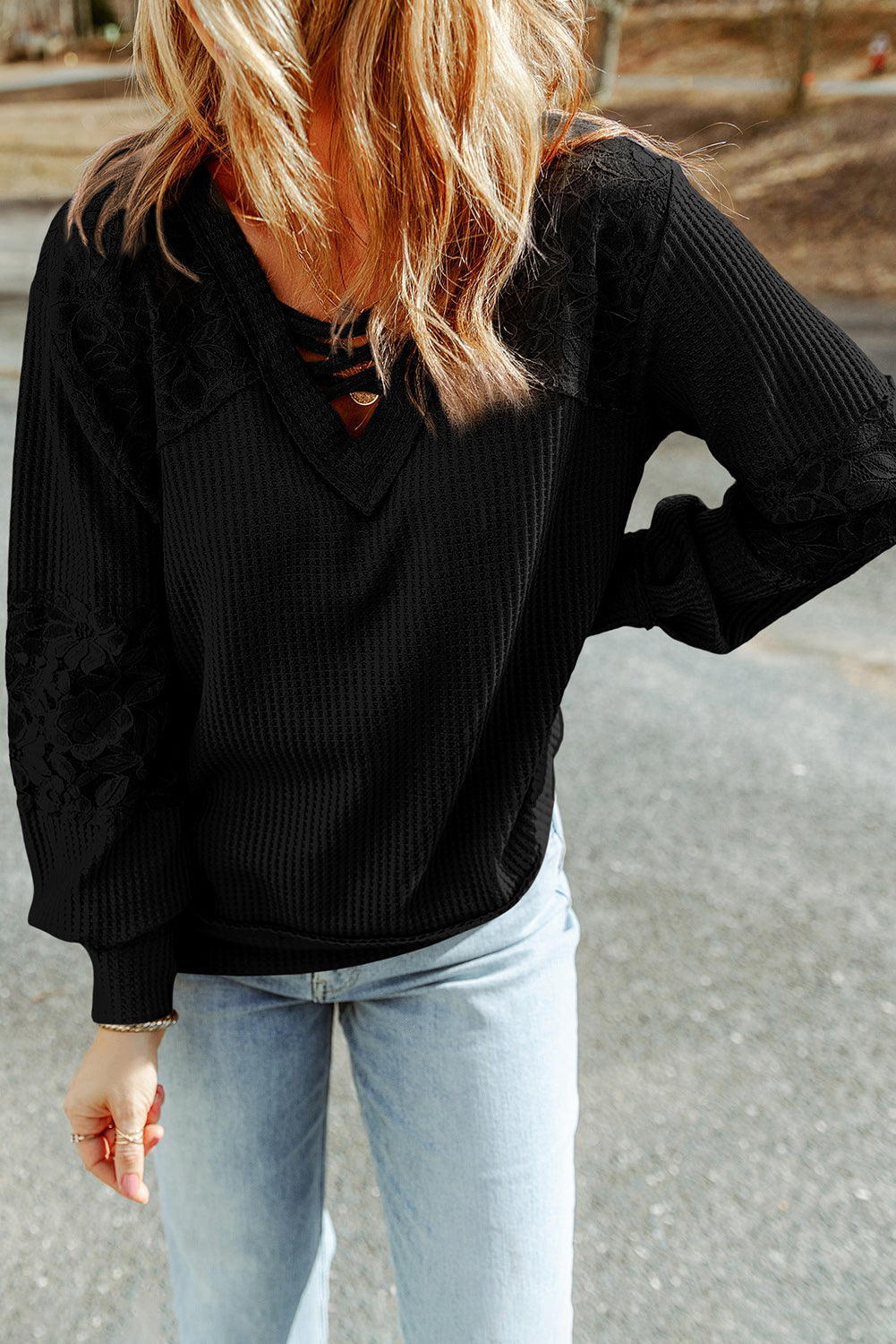 Black Lace Waffle Patchwork Strappy V Neck Long Sleeve Top-yoyobikini
